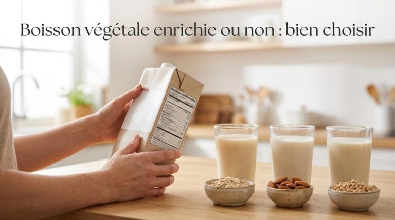 Main retournant une brique de boisson végétale dans un rayon pour lire l'étiquette, avec des verres de boisson d'avoine, d'amande et de soja