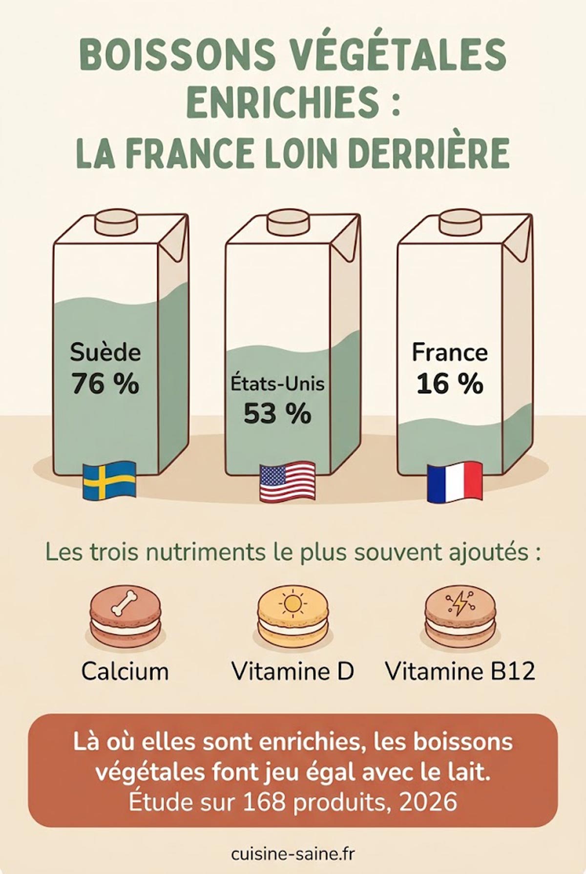 Infographie comparant la part de laits et boissons végétales enrichis : 16 % en France, 53 % aux États-Unis et 76 % en Suède