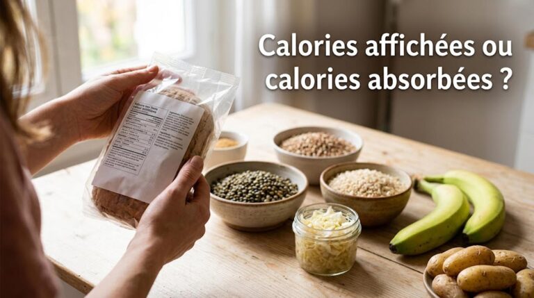 Main tenant un paquet de pain sans gluten devant une table garnie de lentilles, sarrasin, banane peu mûre et chou lactofermenté, avec le titre Calories affichées ou calories absorbées