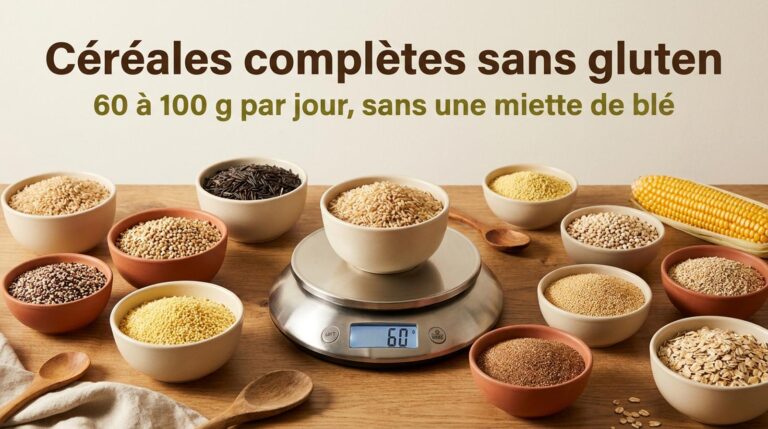 Bols de riz complet, riz sauvage, sarrasin, quinoa, millet, sorgho, amarante, teff, flocons d'avoine et épi de maïs sur une table, avec une balance de cuisine et le titre Céréales complètes sans gluten