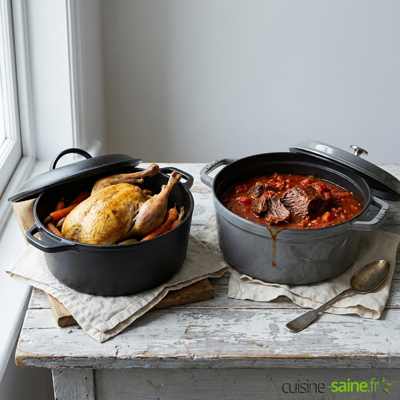 Une cocotte en fonte brute noire et une cocotte en fonte émaillée posées côte à côte