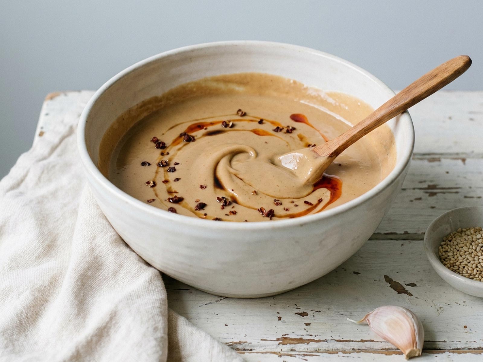 Sauce dan dan sans gluten au tahin et tamari détendue au bouillon dans un bol