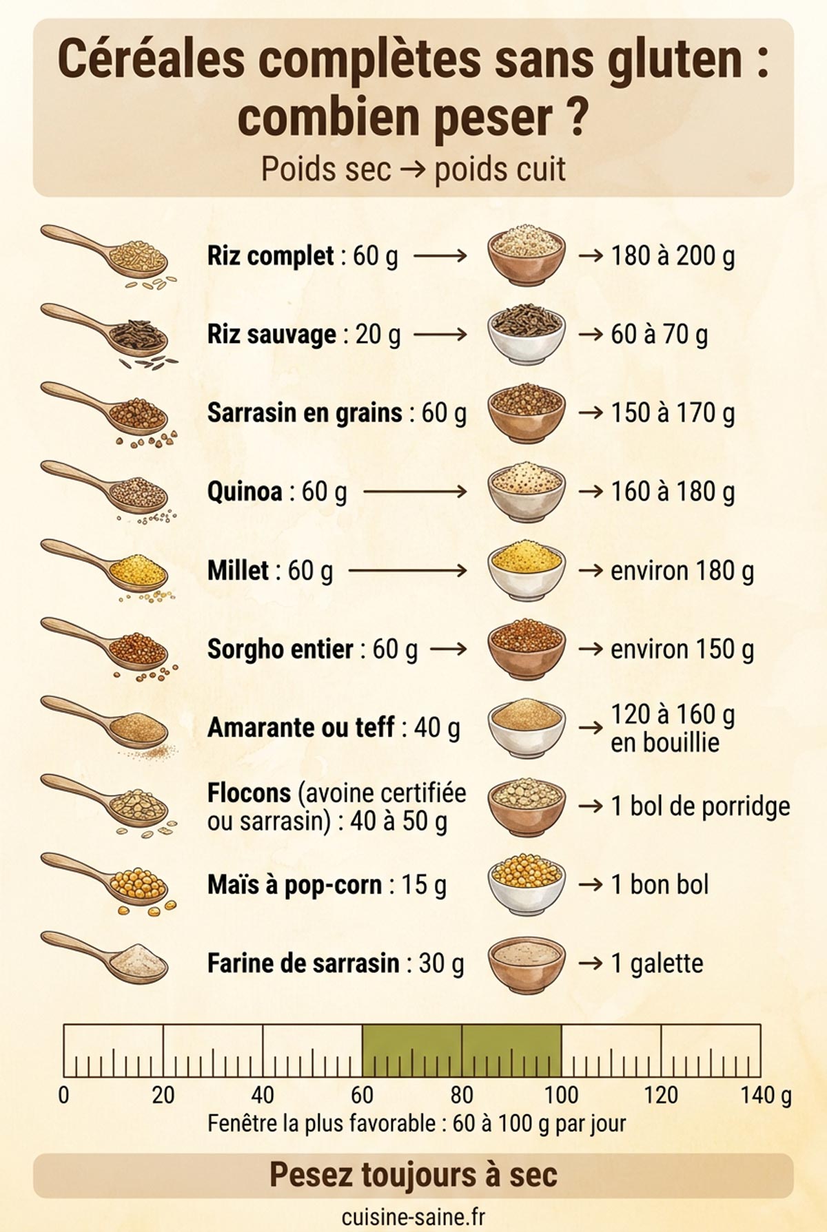 Infographie des équivalences entre poids sec et poids cuit des céréales complètes sans gluten : riz complet, riz sauvage, sarrasin, quinoa, millet, sorgho, amarante, teff, flocons, pop-corn et galette de sarrasin