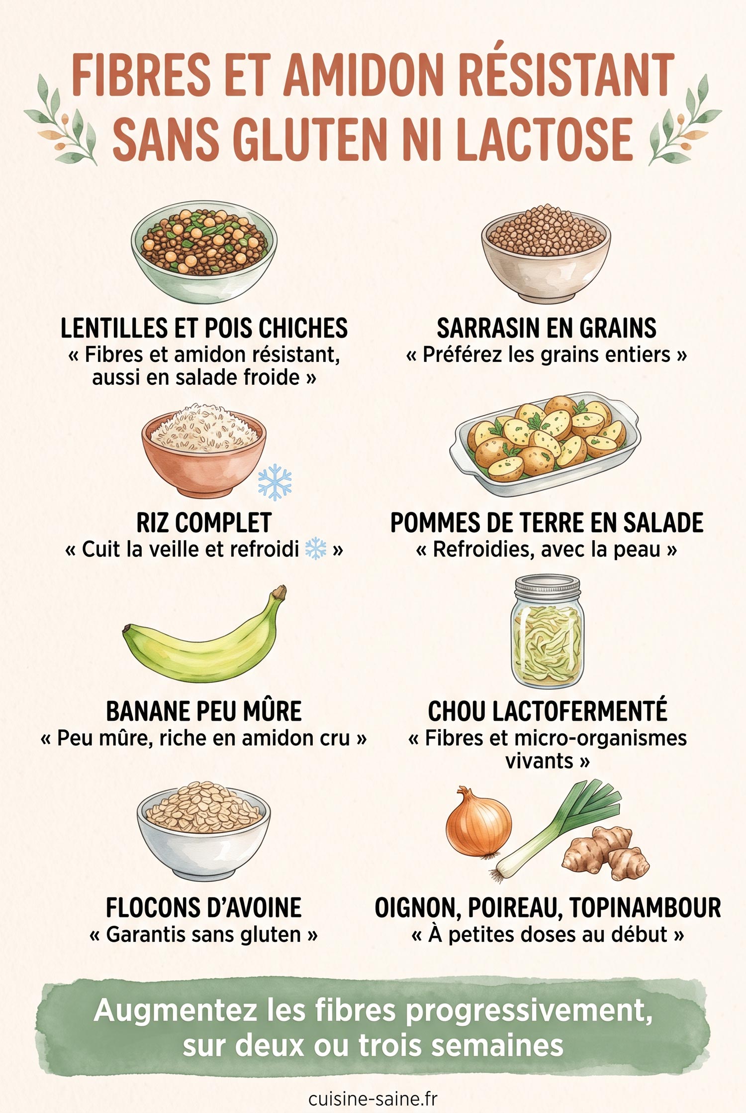 Infographie des aliments sans gluten et sans lactose riches en fibres fermentescibles et en amidon résistant : légumineuses, sarrasin, riz complet refroidi, pomme de terre refroidie, banane peu mûre, légumes lactofermentés
