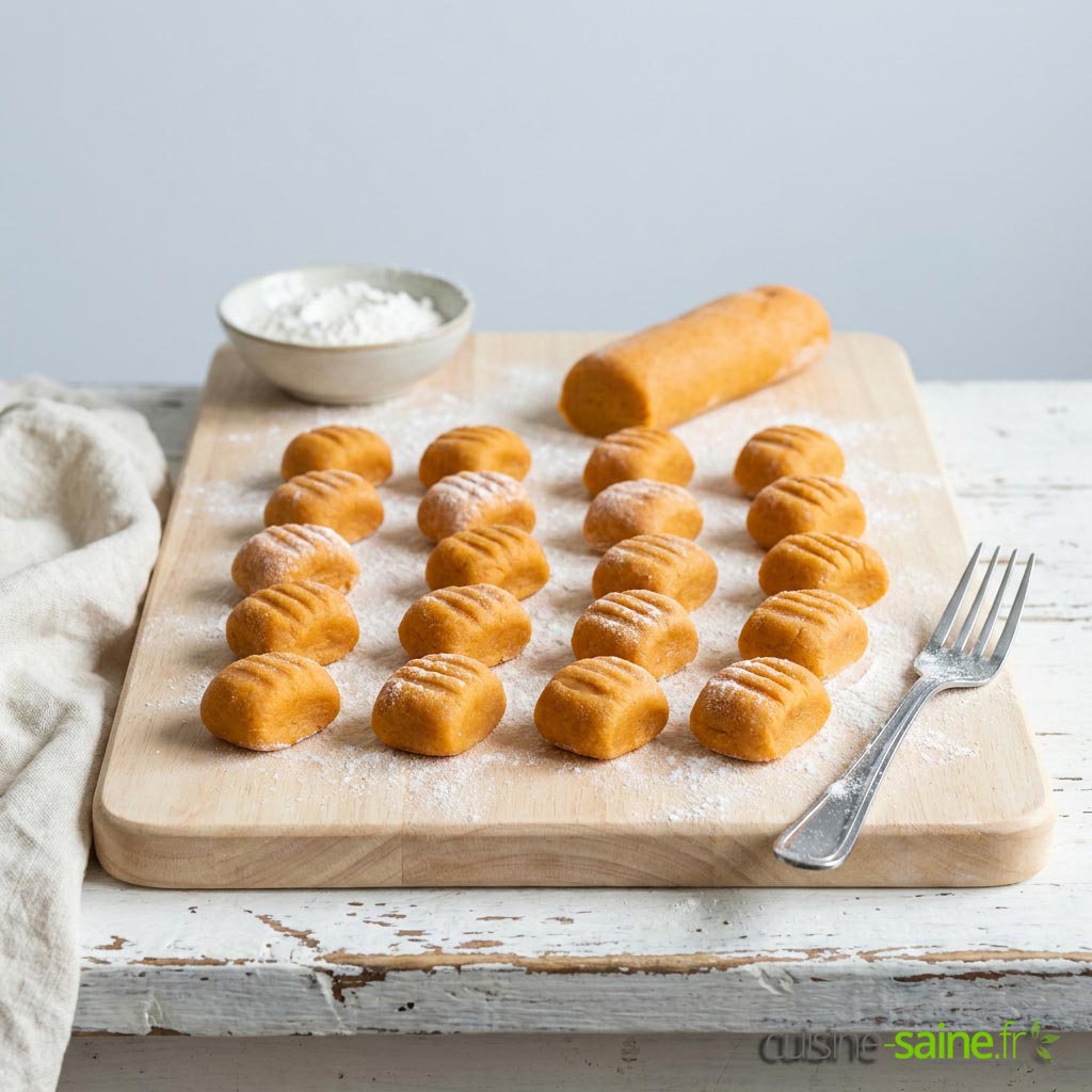 Gnocchis de potimarron sans gluten crus, façonnés et marqués à la fourchette sur un plan de travail fariné