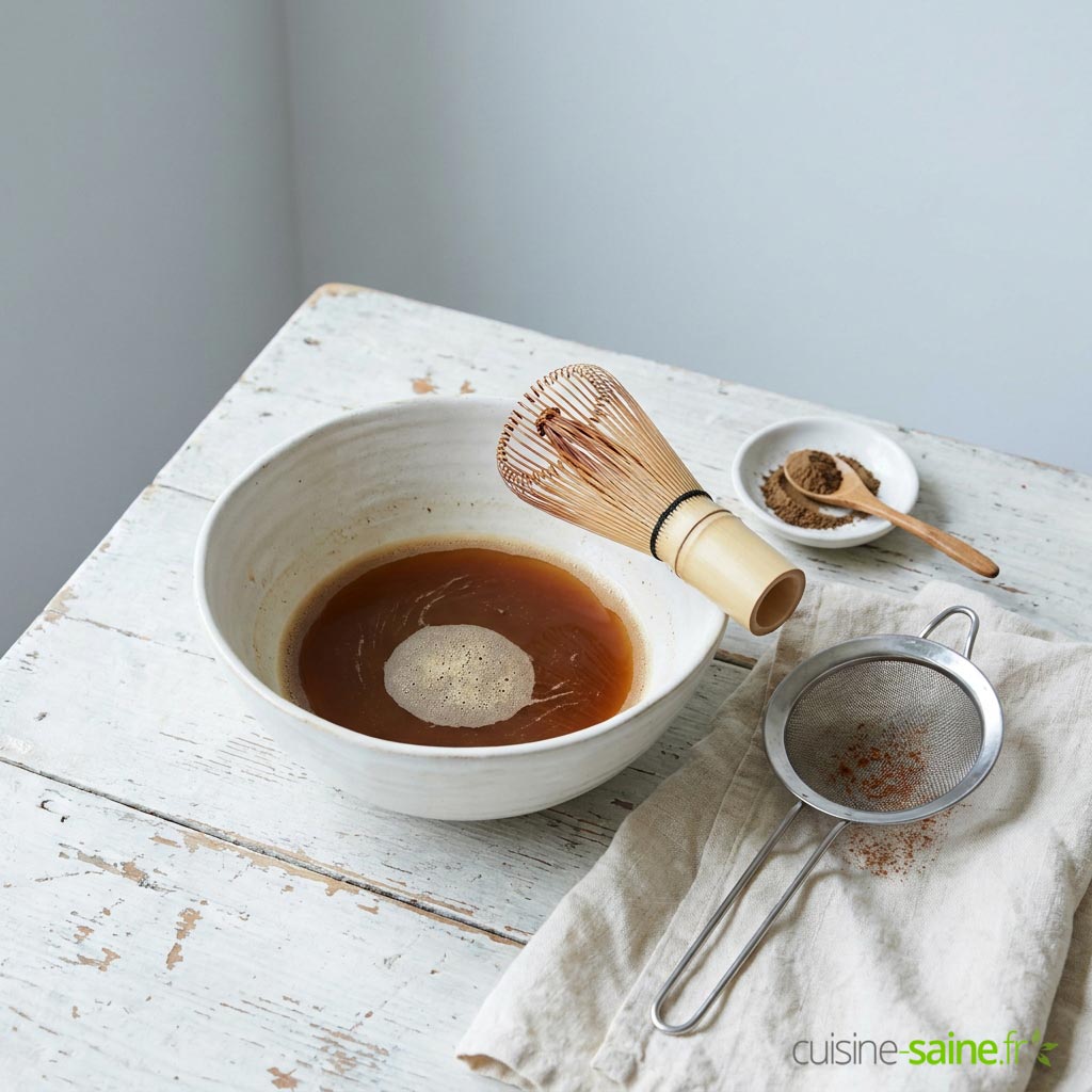 Poudre de hojicha fouettée dans un bol avec un fouet en bambou, pour un hojicha latte sans lactose