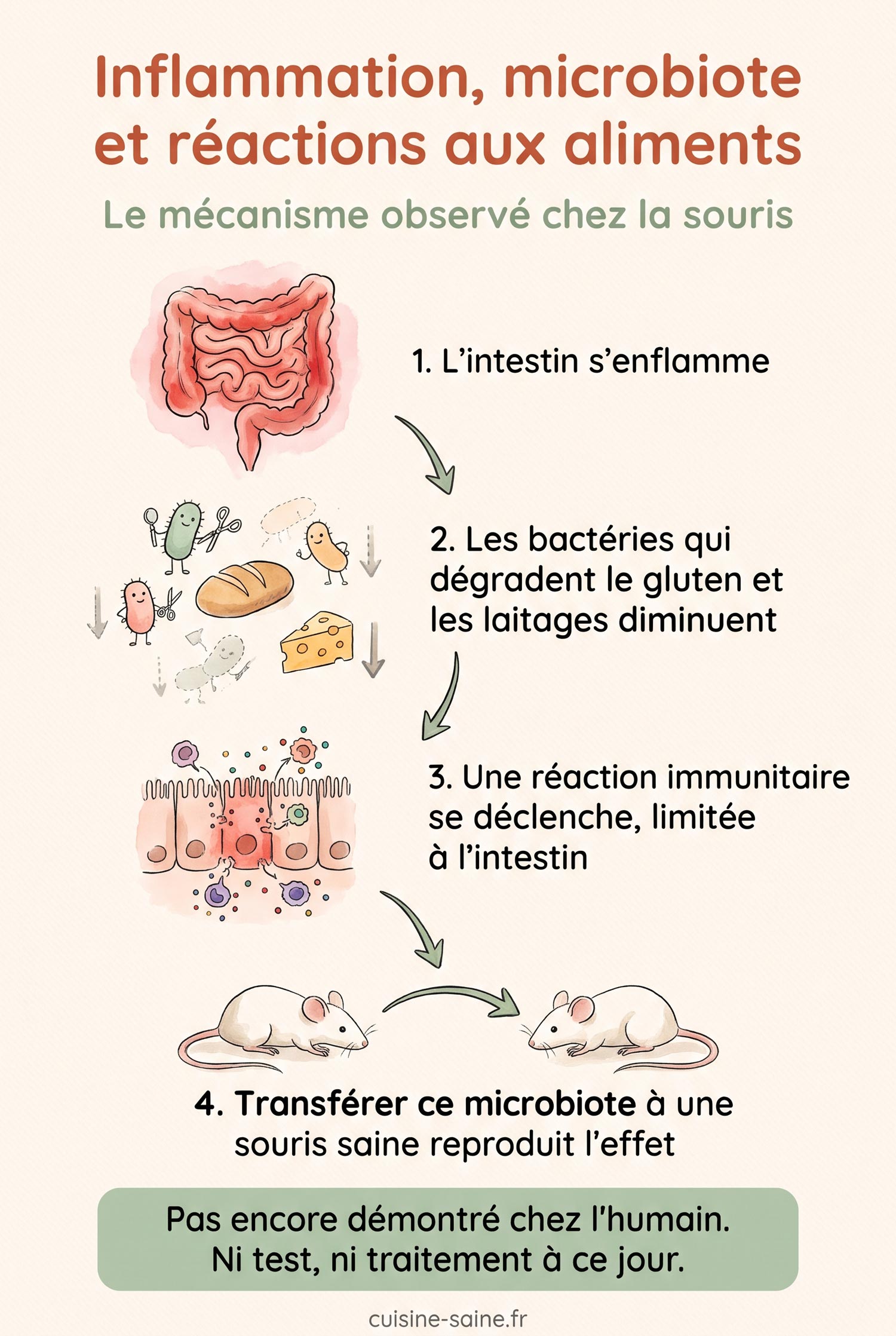 Schéma en quatre étapes du mécanisme observé chez la souris : inflammation intestinale, perte des bactéries qui dégradent le gluten et les laitages, réaction immunitaire locale, transfert du microbiote