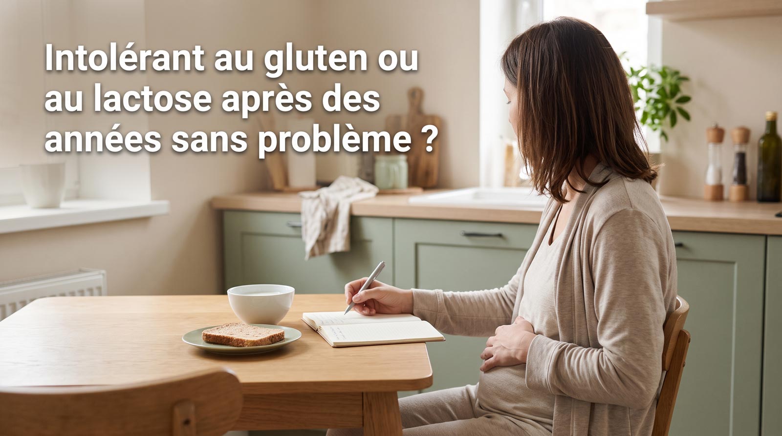 Femme pensive devant une tartine de pain et un bol de lait à la table du petit-déjeuner, avec le titre Intolérant au gluten ou au lactose après des années sans problème