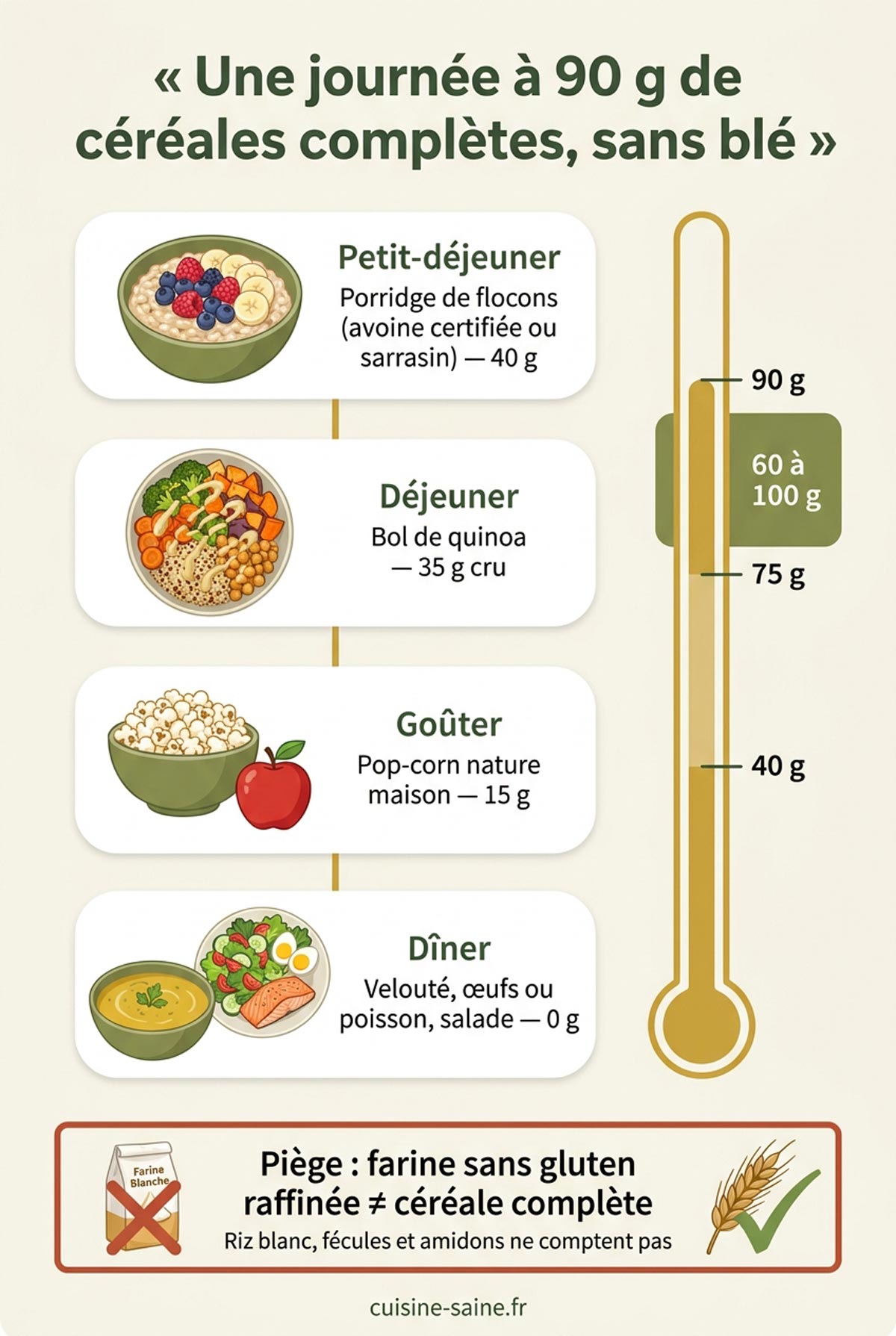 Schéma d'une journée type sans blé atteignant 90 g de céréales complètes : porridge, bol de quinoa, pop-corn, avec l'alerte farine sans gluten raffinée et céréale complète