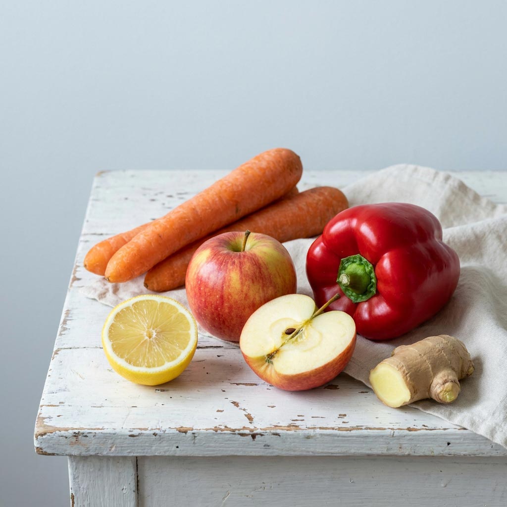 Carottes, pommes, poivron rouge, citron et gingembre pour un jus d'automne à l'extracteur