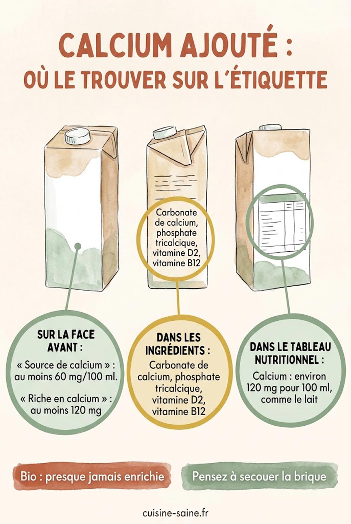 Infographie montrant où trouver le calcium ajouté sur l'étiquette d'une boisson végétale : face avant, liste des ingrédients et tableau nutritionnel