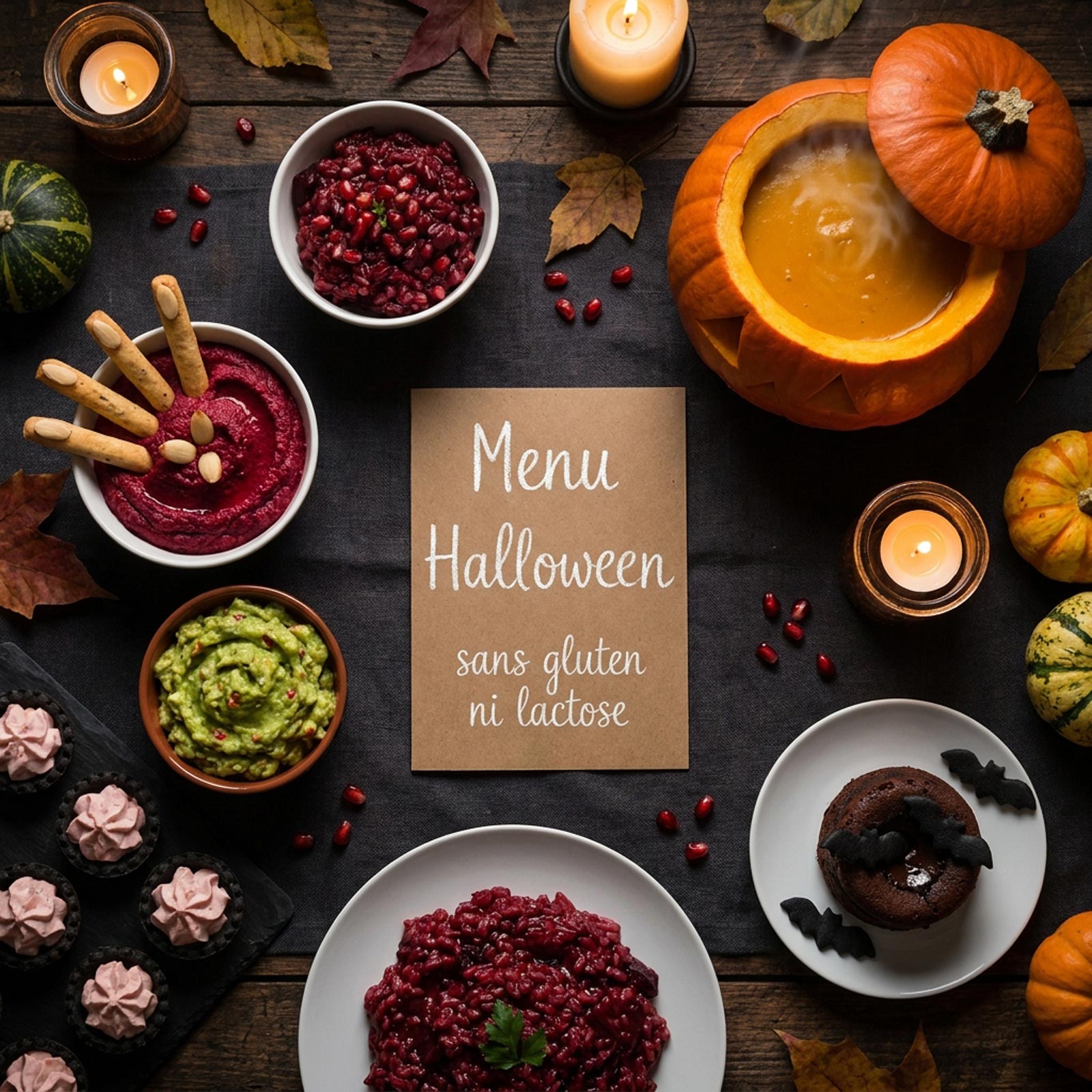 Menu Halloween sans gluten ni lactose, de l'apéro au dessert