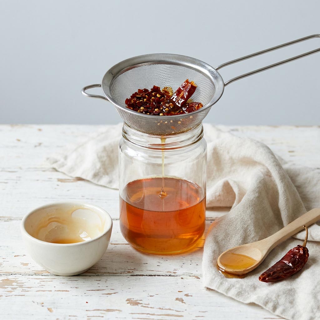 Miel pimenté maison filtré au tamis au-dessus d'un bocal, flocons de piment séché