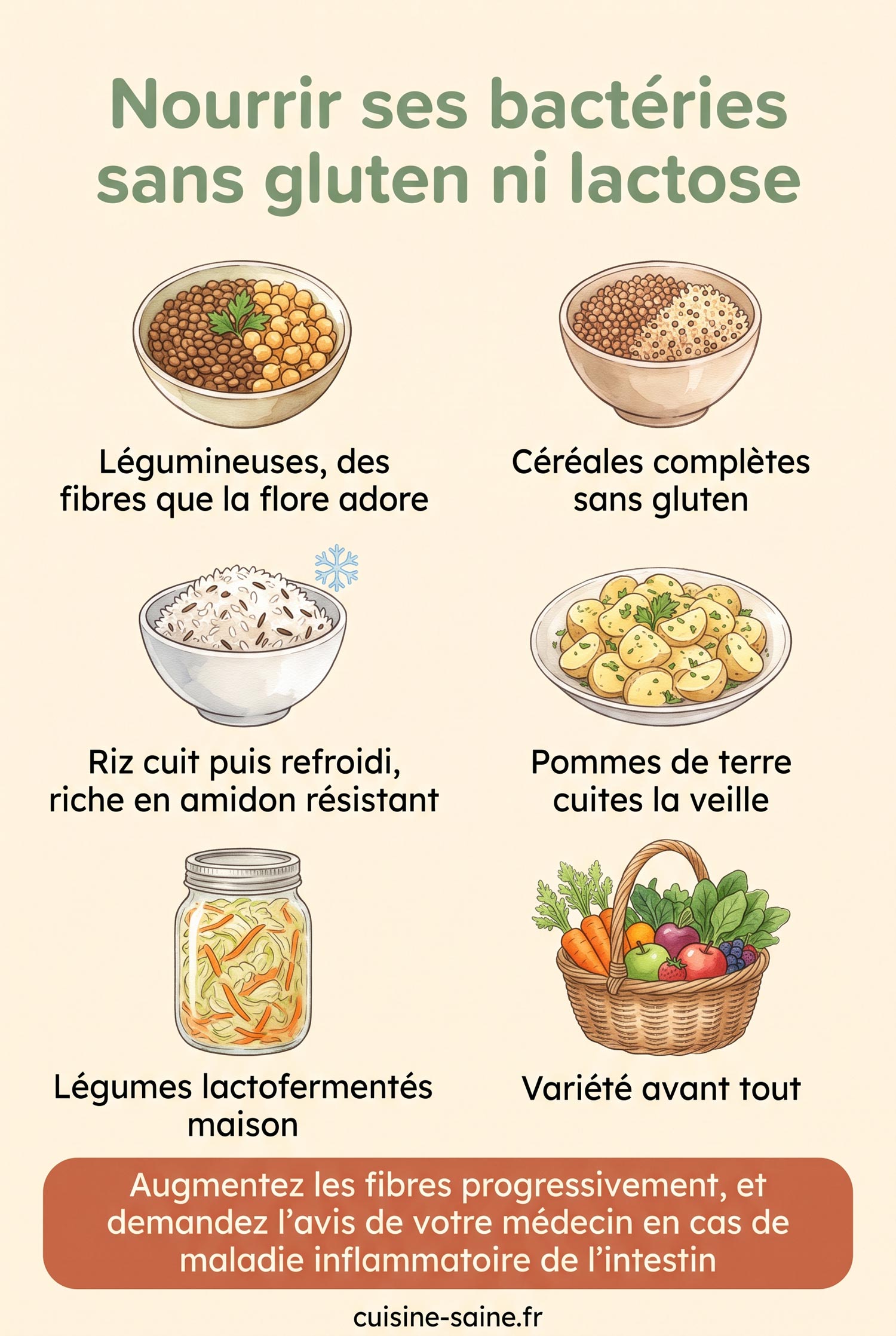Infographie des aliments sans gluten et sans lactose qui nourrissent les bactéries de l'intestin : légumineuses, céréales complètes sans gluten, riz et pommes de terre refroidis, légumes lactofermentés