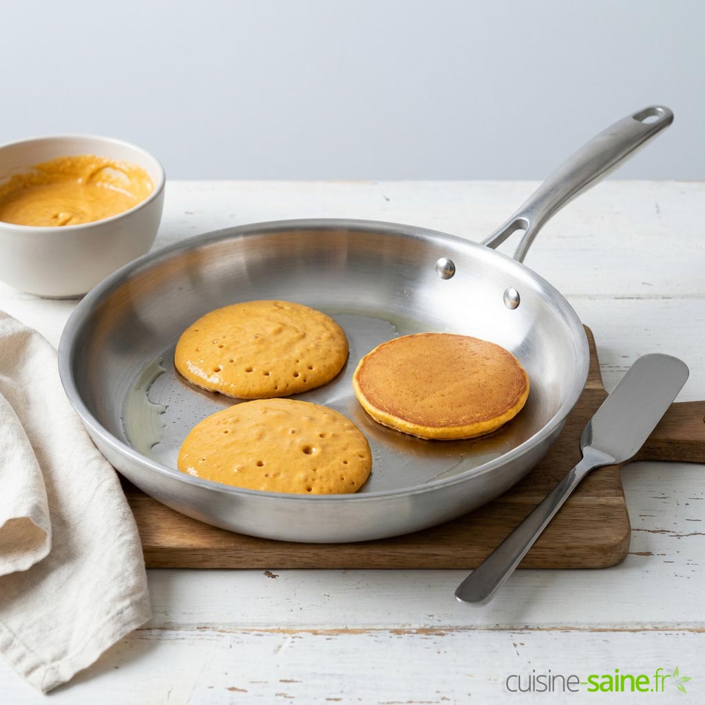 Pancakes à la citrouille sans gluten en cuisson dans une poêle en inox, bulles en surface
