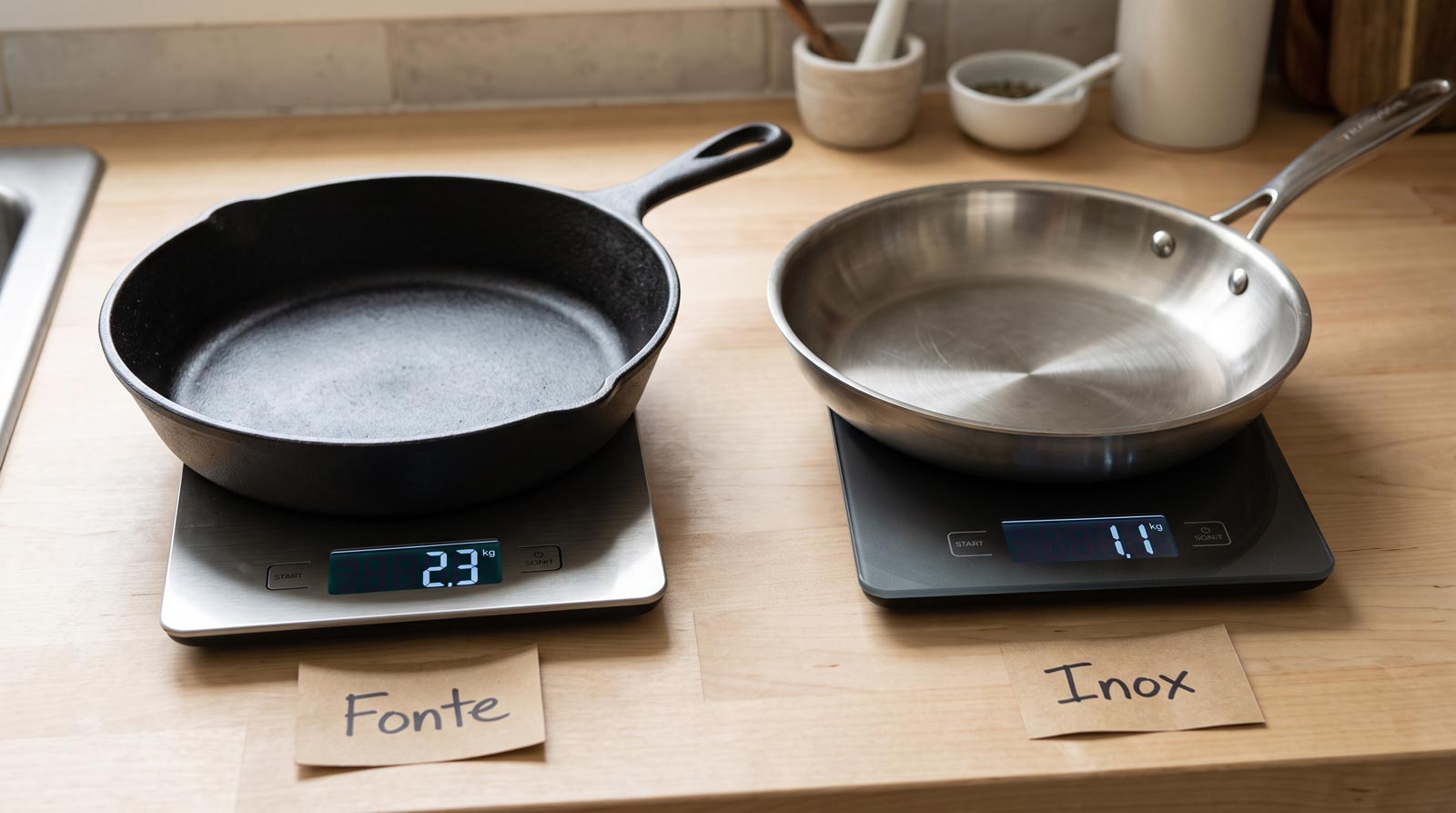 Poêle en fonte naturelle et poêle en inox de taille proche posées sur une balance de cuisine