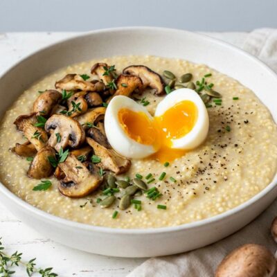 Recette de porridge salé de millet sans gluten et sans lactose, œuf mollet et champignons poêlés