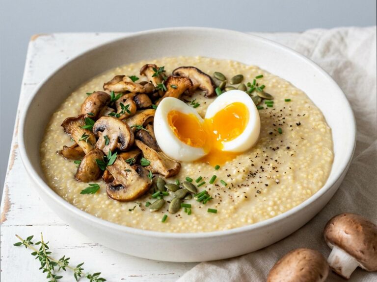 Recette de porridge salé de millet sans gluten et sans lactose, œuf mollet et champignons poêlés