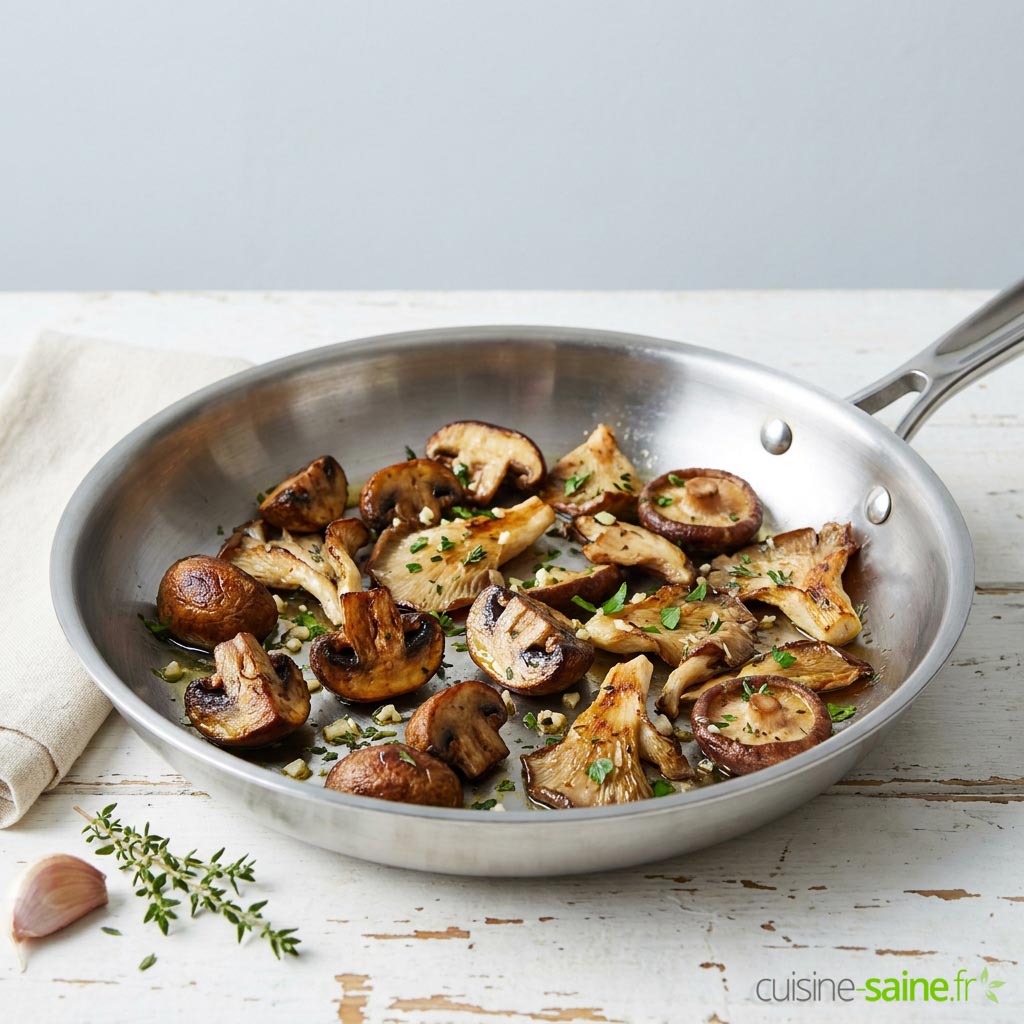 Champignons de Paris, pleurotes et shiitakés dorés à la poêle avec de l'ail et du thym