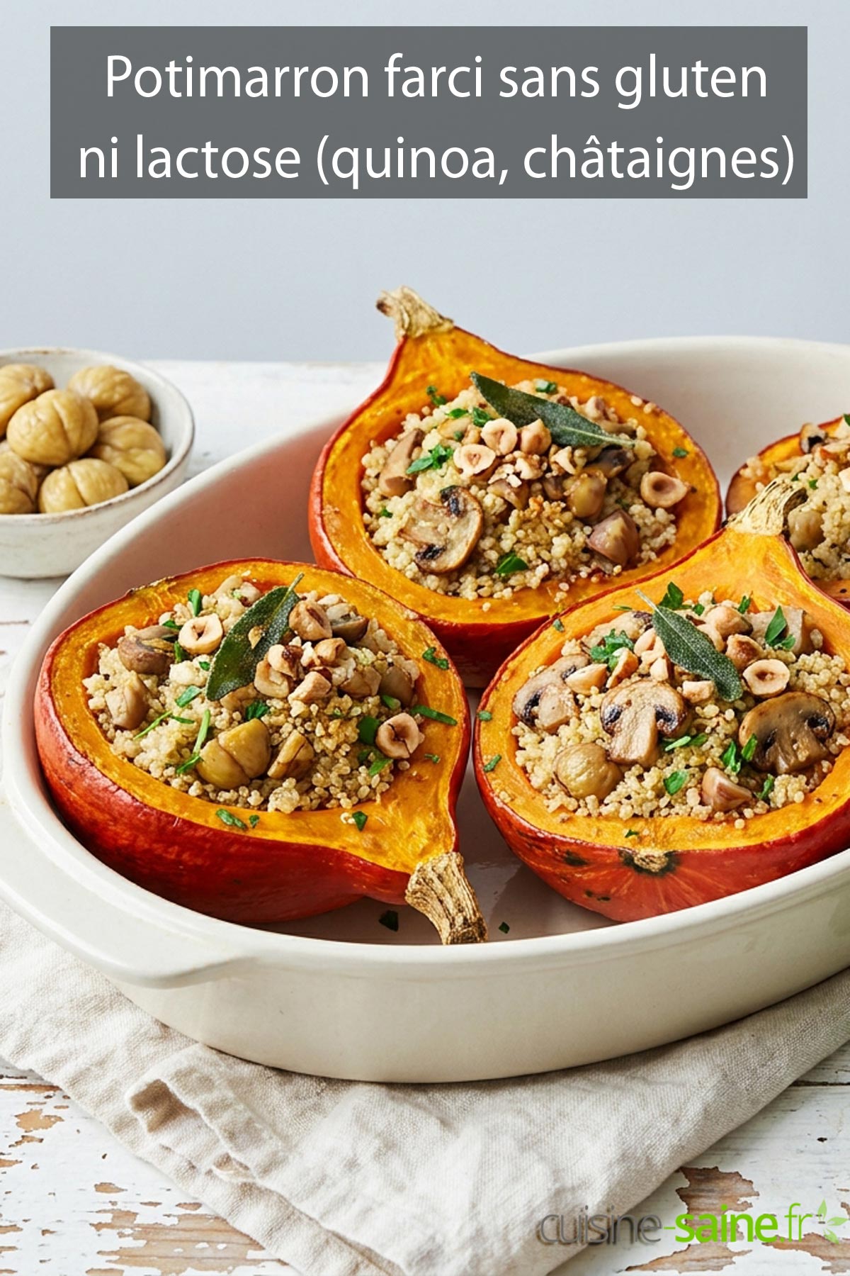 Recette de potimarron farci sans gluten et sans lactose au quinoa, champignons, châtaignes et noisettes