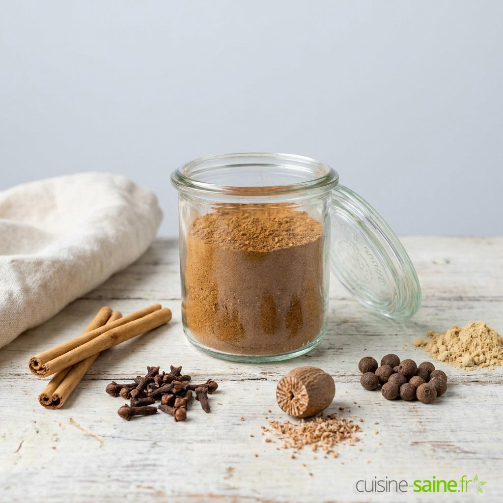 Mélange d'épices pumpkin spice maison en bocal, avec cannelle, gingembre, muscade, girofle et piment de la Jamaïque