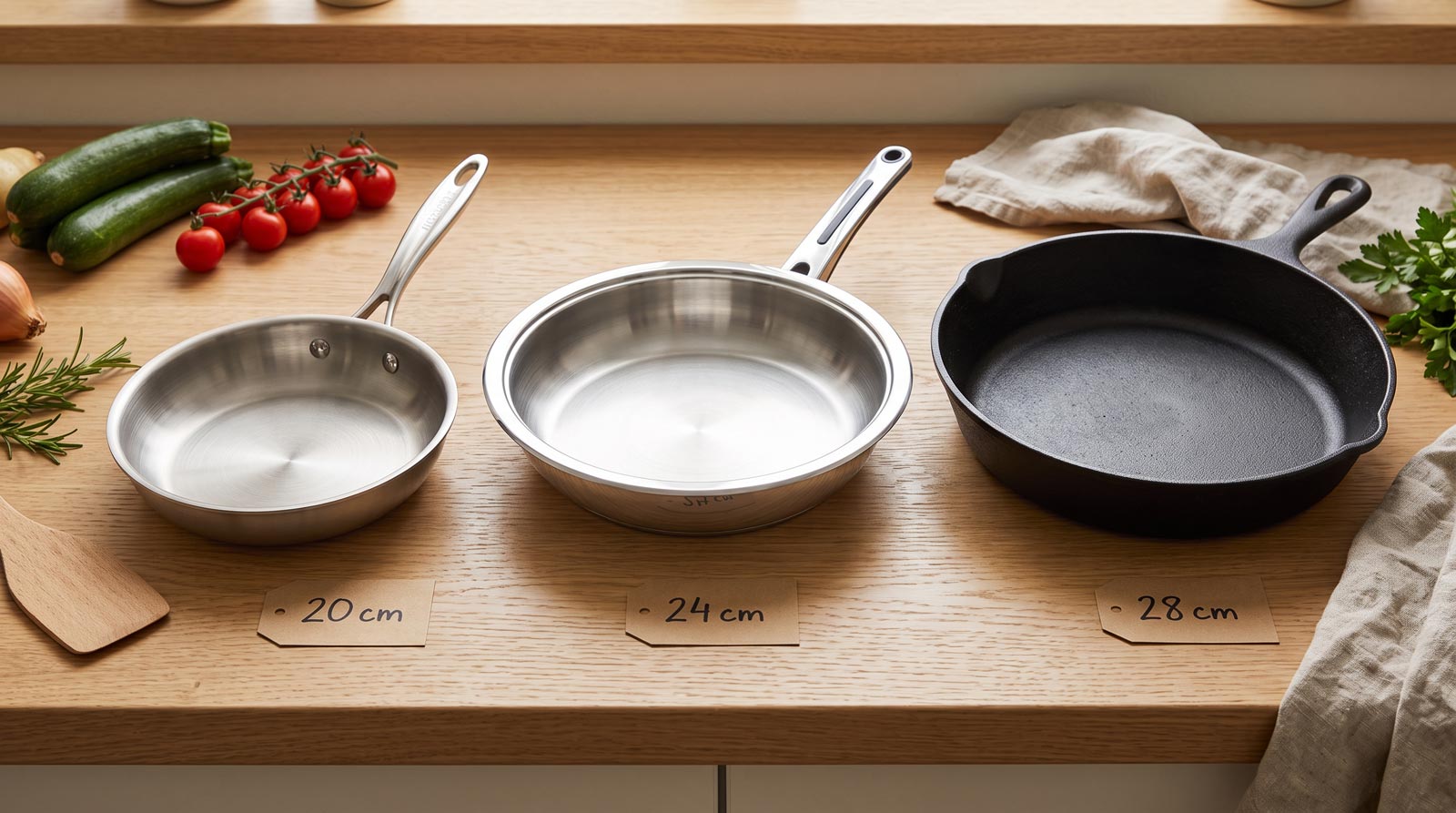Trois poêles inox et fonte de 20, 24 et 28 cm posées côte à côte sur un plan de travail