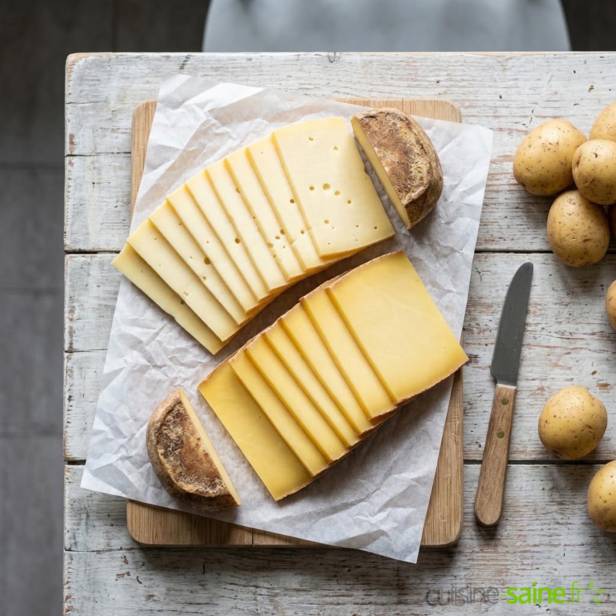 Lamelles de comté et de beaufort sur une planche, prêtes pour une raclette sans lactose
