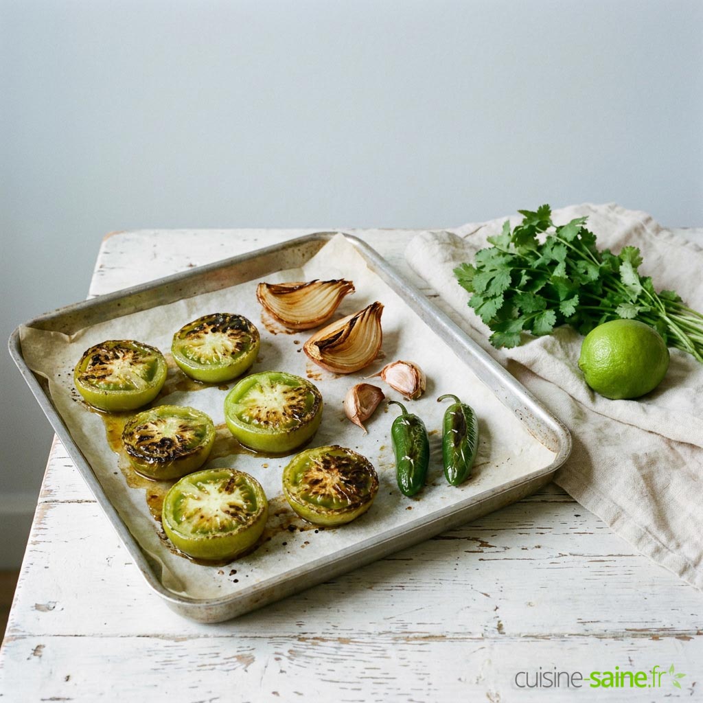 Tomates vertes, oignon, ail et piment vert grillés au four pour une salsa verde maison