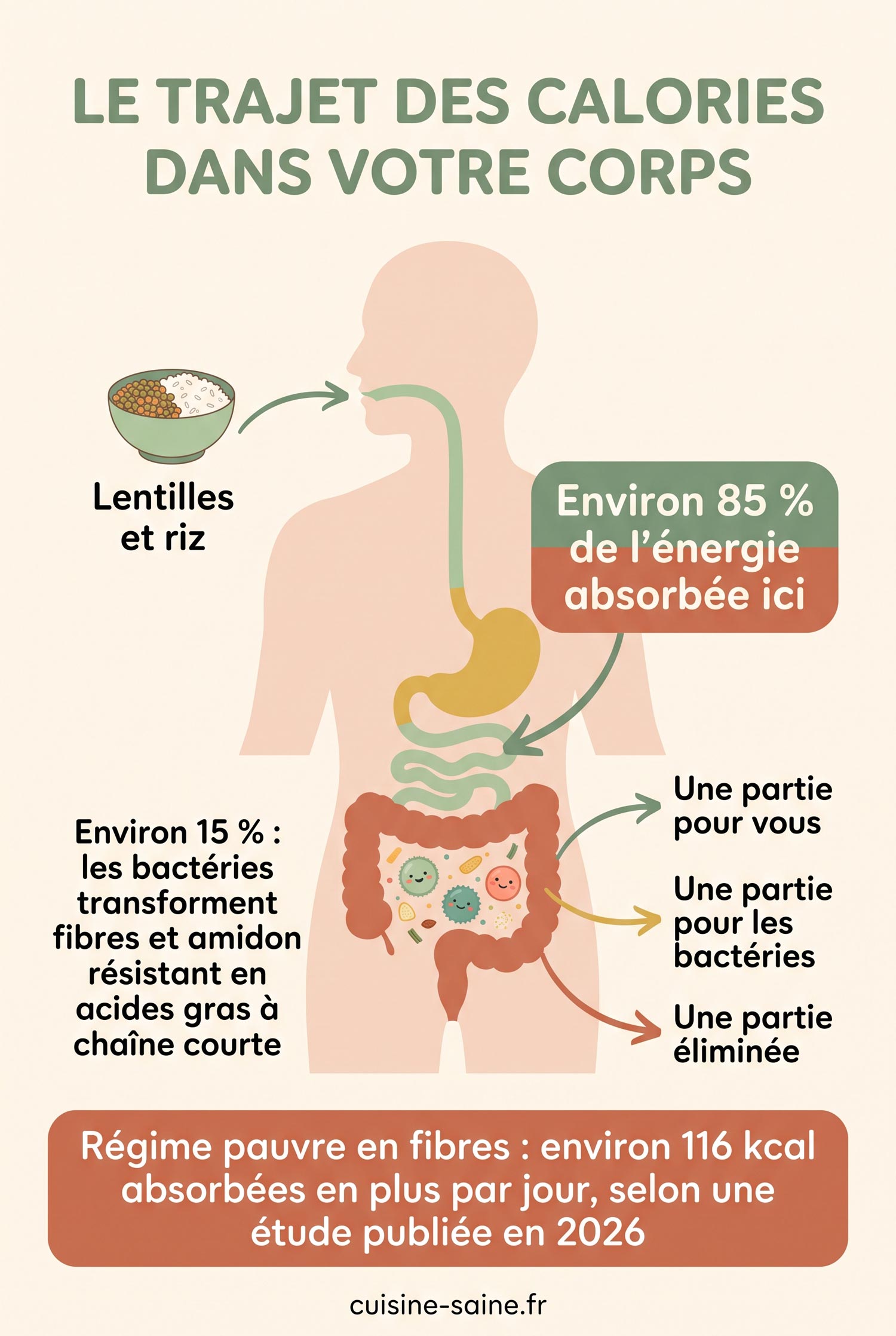 Schéma du trajet des aliments dans le tube digestif montrant 85 % de l'énergie absorbée dans l'intestin grêle et 15 % dans le côlon grâce aux bactéries
