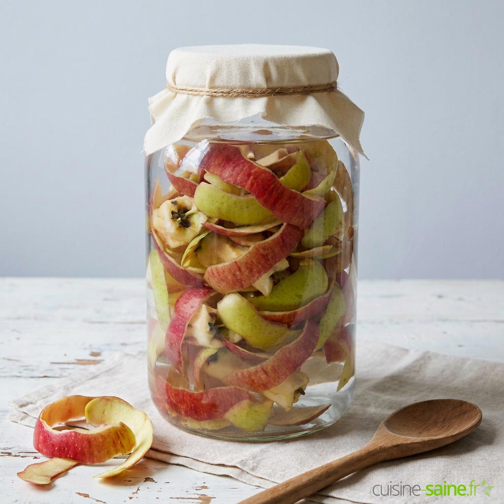 Bocal d'épluchures de pommes en fermentation dans l'eau sucrée, couvert d'un linge, pour un vinaigre maison